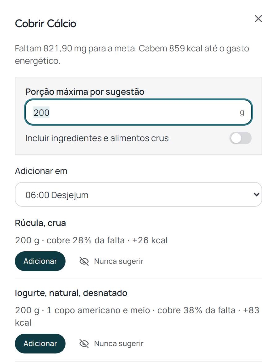 Tela do botão Cobrir sugerindo rúcula e iogurte para completar o cálcio.