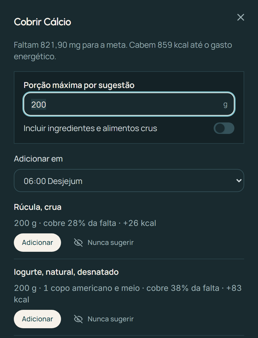 Tela do botão Cobrir sugerindo rúcula e iogurte para completar o cálcio.