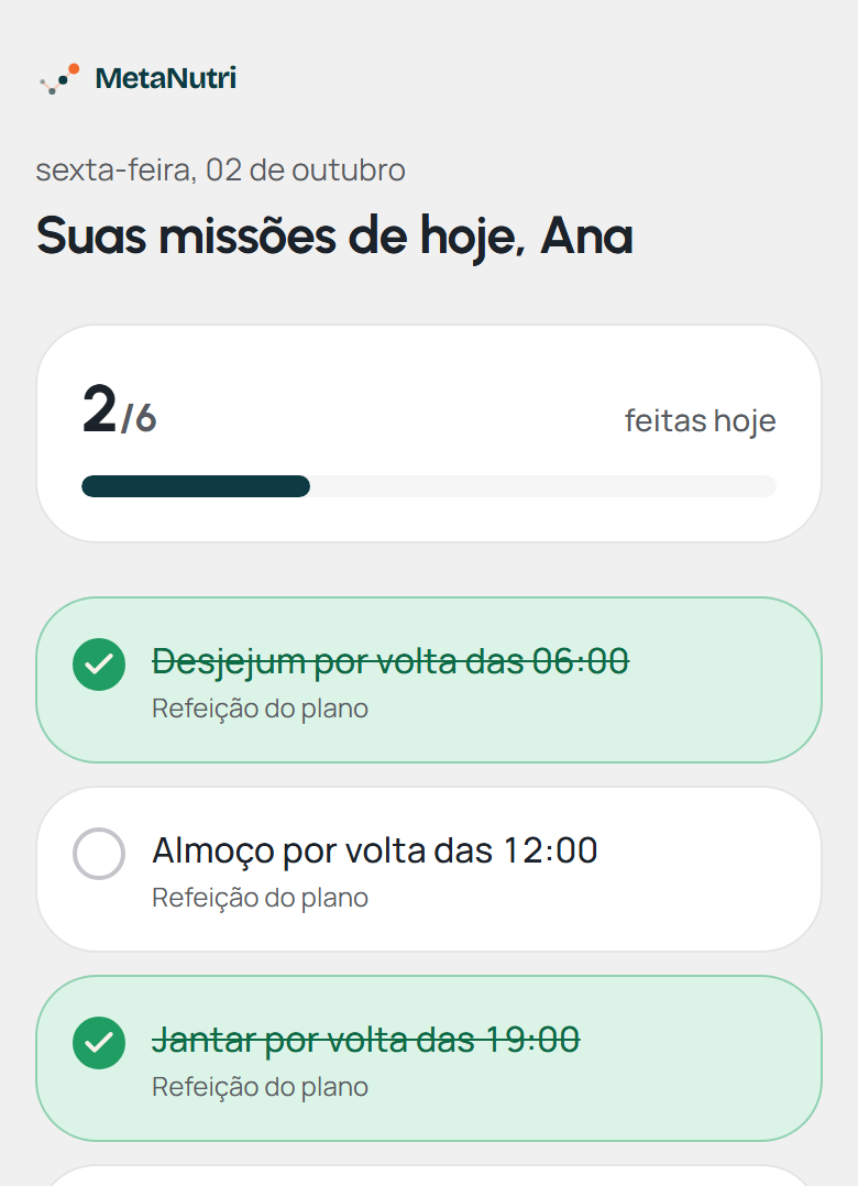 Tela de missões do paciente com 2 missões feitas no dia.