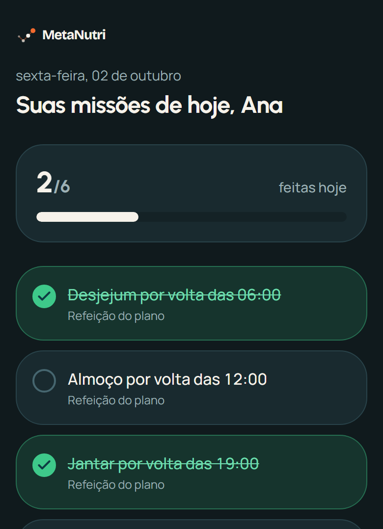 Tela de missões do paciente com 2 missões feitas no dia.