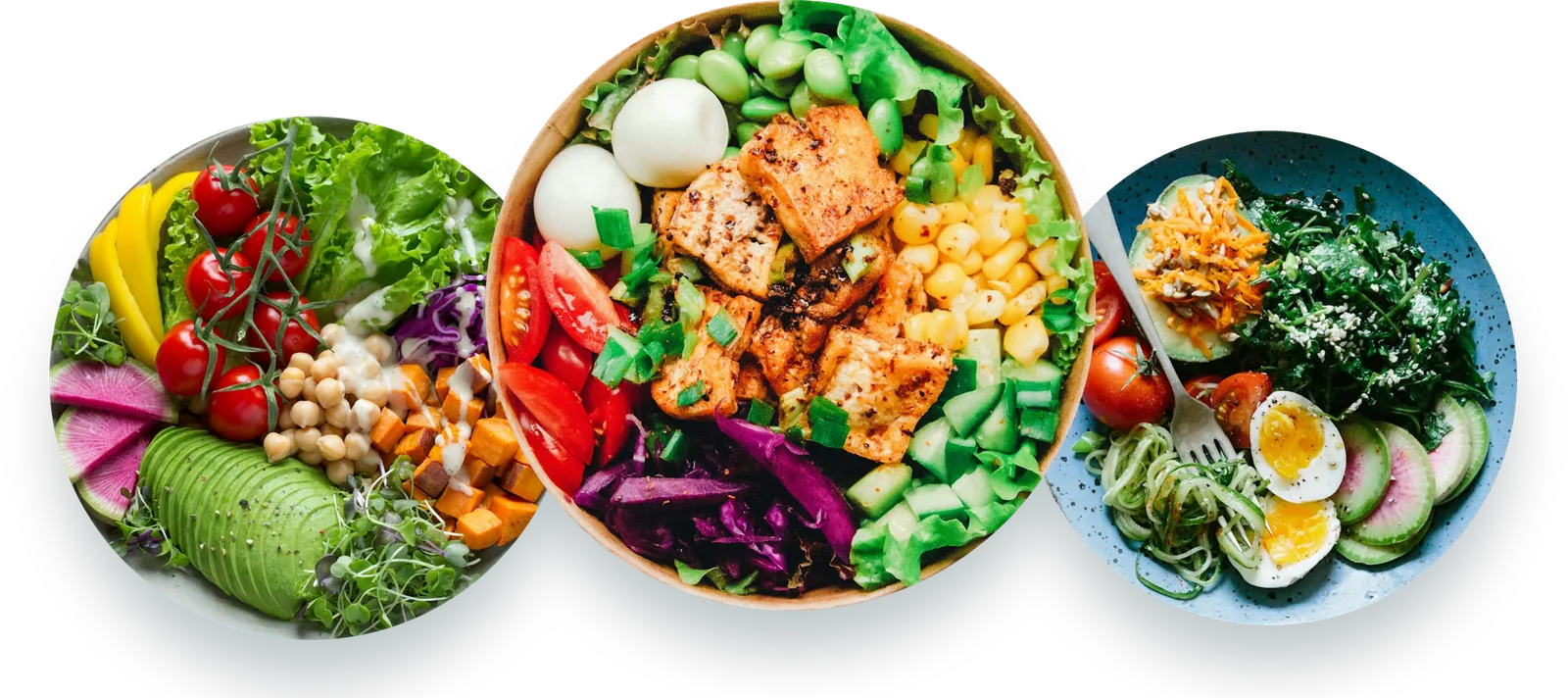 Três pratos vistos de cima: salada com grão-de-bico, tigela com tofu e legumes, prato com ovo e tomate.